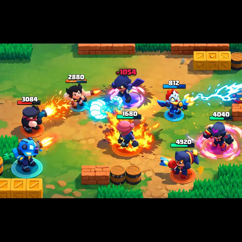 Probíhající týmový souboj 3v3 v Brawl Stars s několika brawlery a efekty schopností na bojišti.