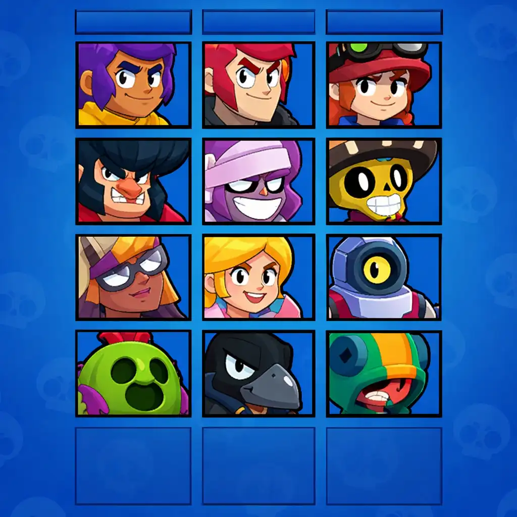 Přehled několika portrétů brawlerů v herní soupisce Brawl Stars.