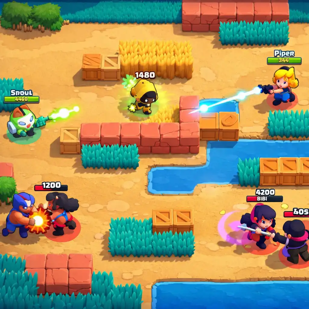 Mapa Brawl Stars se soubojem brawlerů kolem krytí a otevřených koridorů