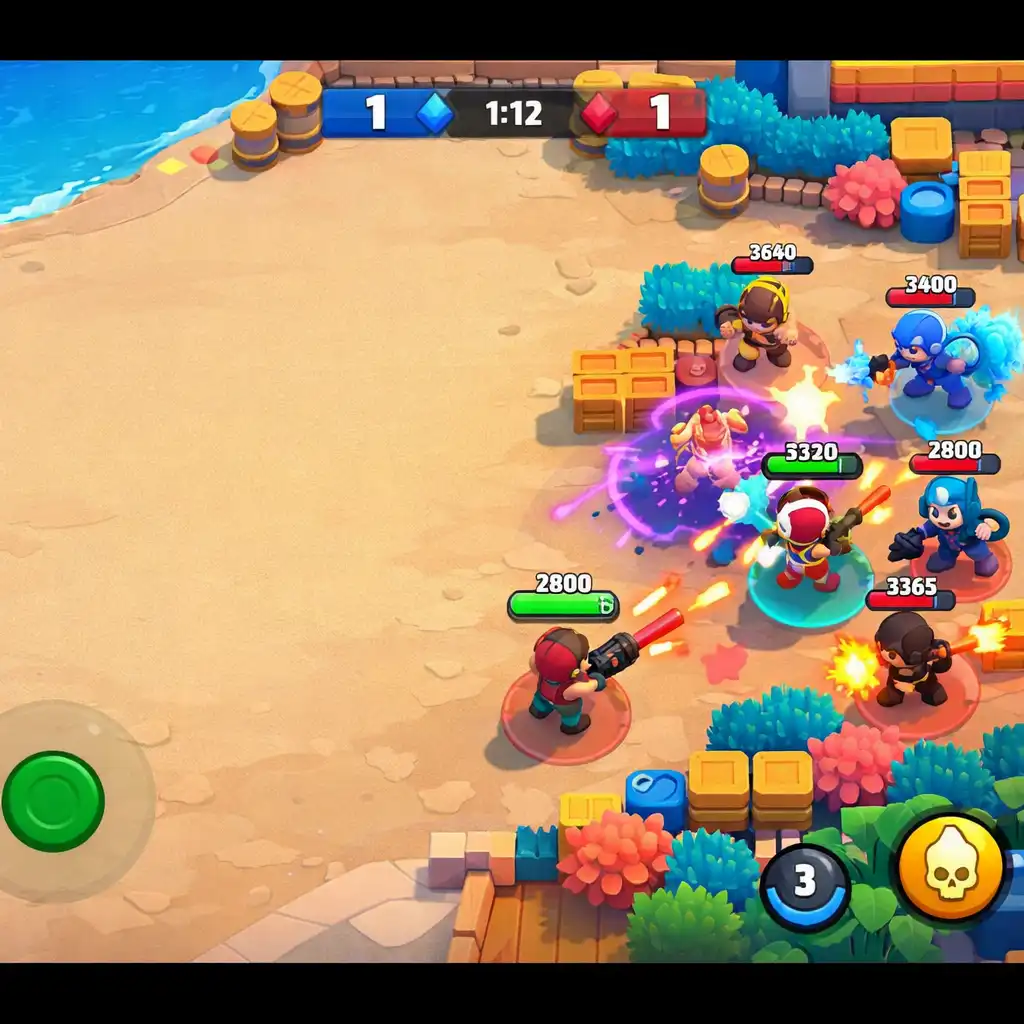 Intenzivní týmový souboj 3v3 ve hře Brawl Stars v barevné aréně