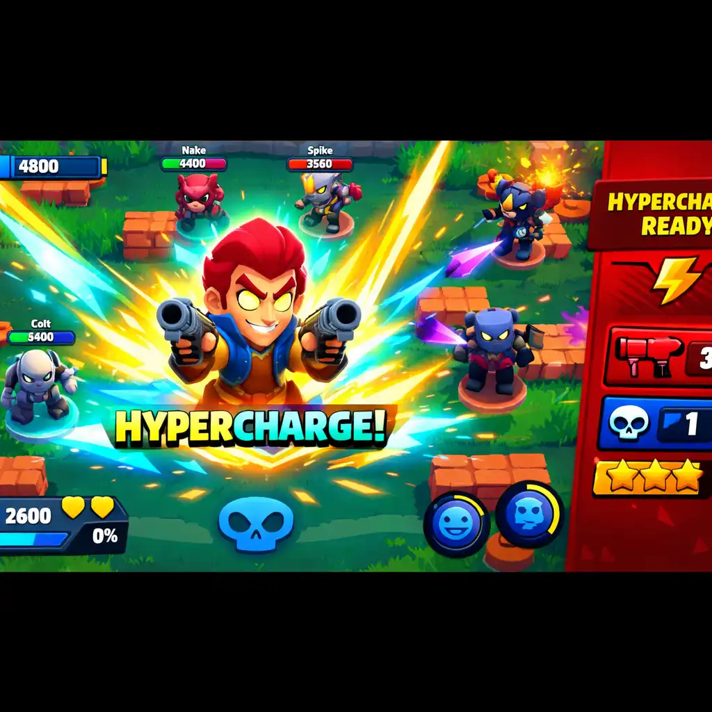 Brawler v Brawl Stars během výrazné aktivace Hypercharge uprostřed týmového zápasu.
