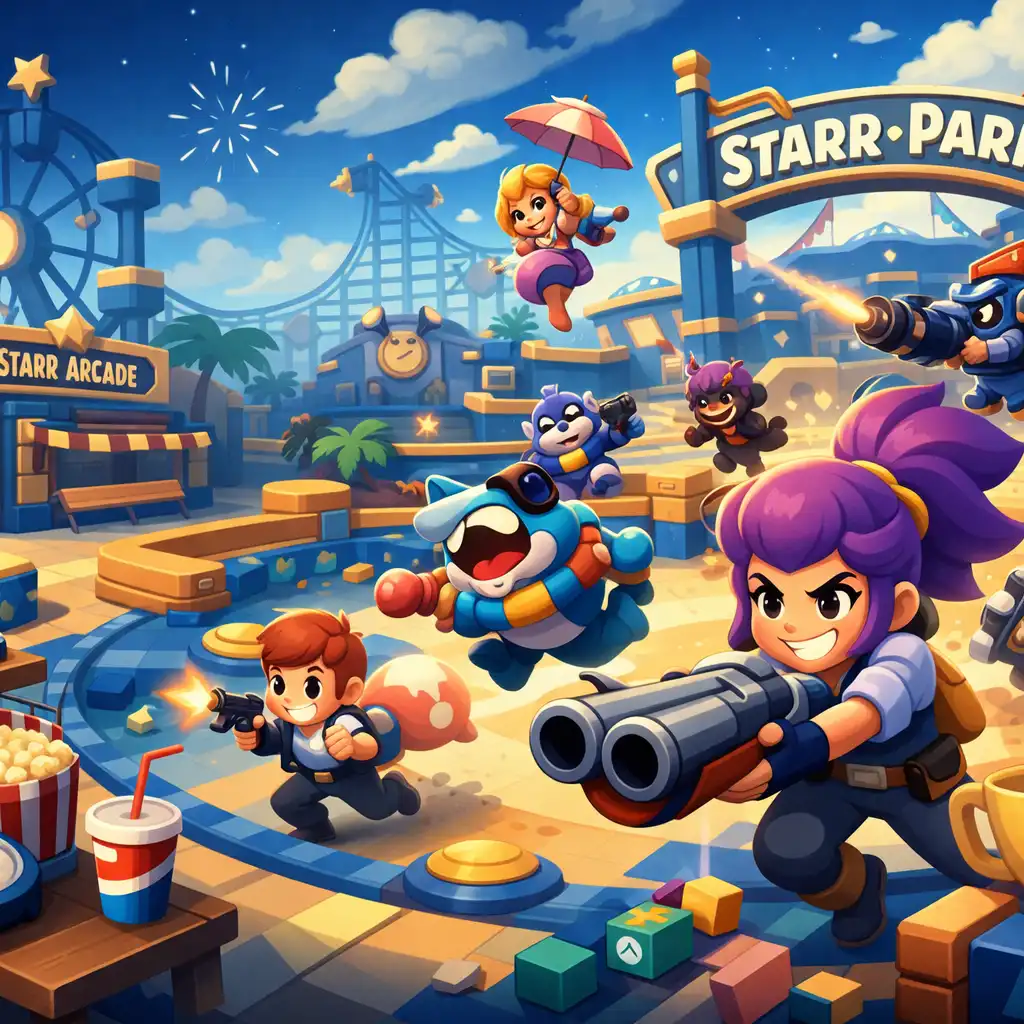 Barevné prostředí Starr Park ve světě Brawl Stars s tematickou arénou a brawlery
