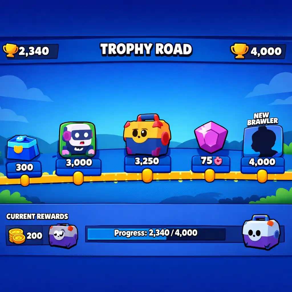 Obrazovka Trophy Road v Brawl Stars s viditelnou postupovou cestou a milníky.