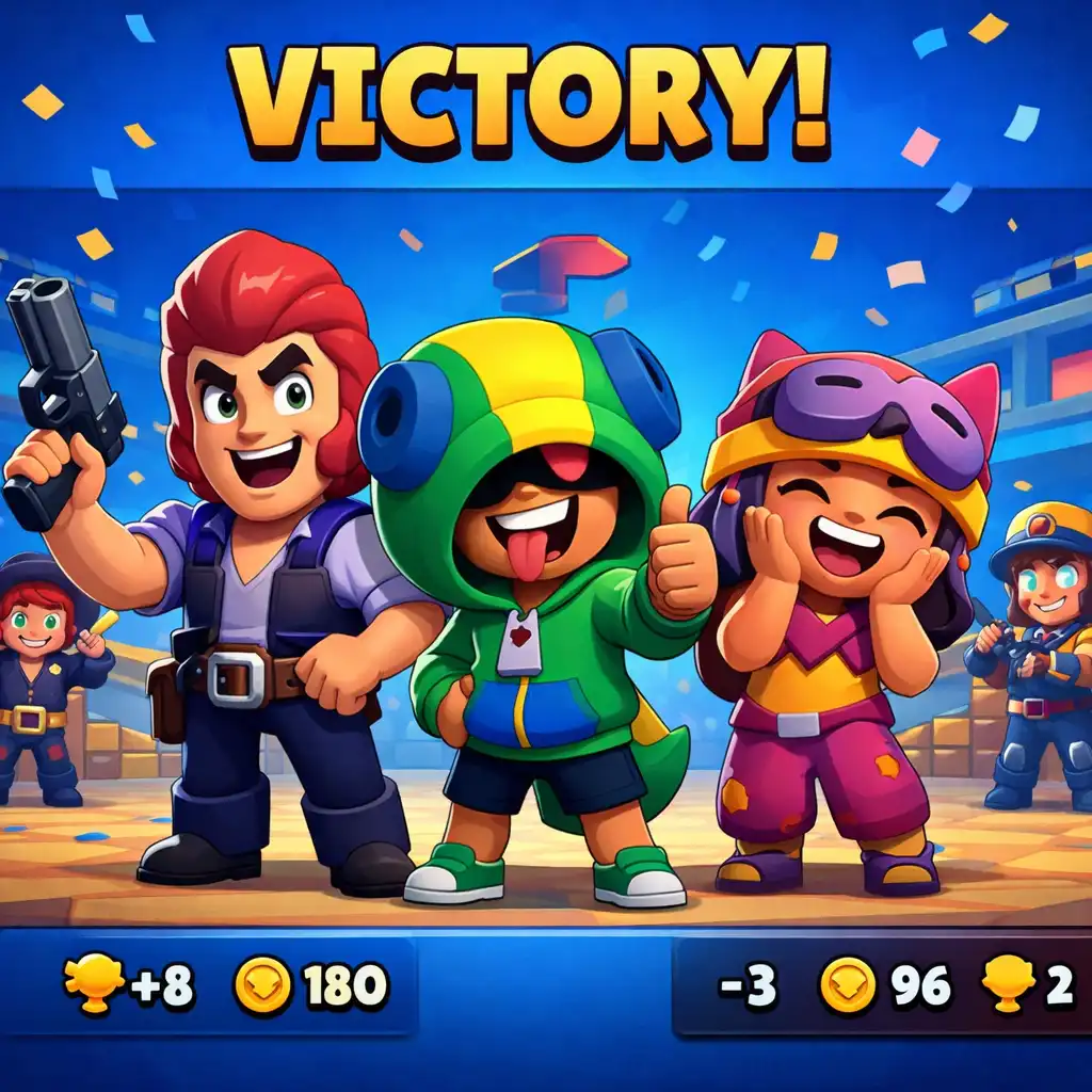 Vítězná obrazovka Brawl Stars po týmovém zápase s rozpoznatelnými brawlery.