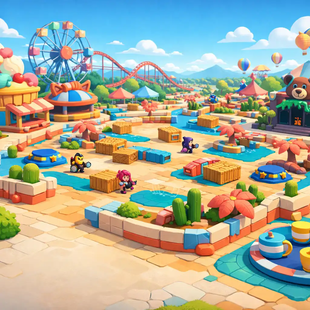 Barevné stylizované prostředí světa Starr Park ve hře Brawl Stars